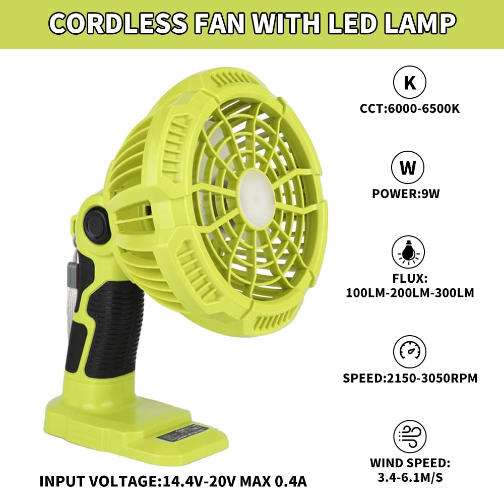 Outdoor Lighting Jobs - พัดลมพกพาไร้สายพร้อมไฟ LED 300LM เหมาะสำหรับแบตเตอรี่ RYOBI 18V,