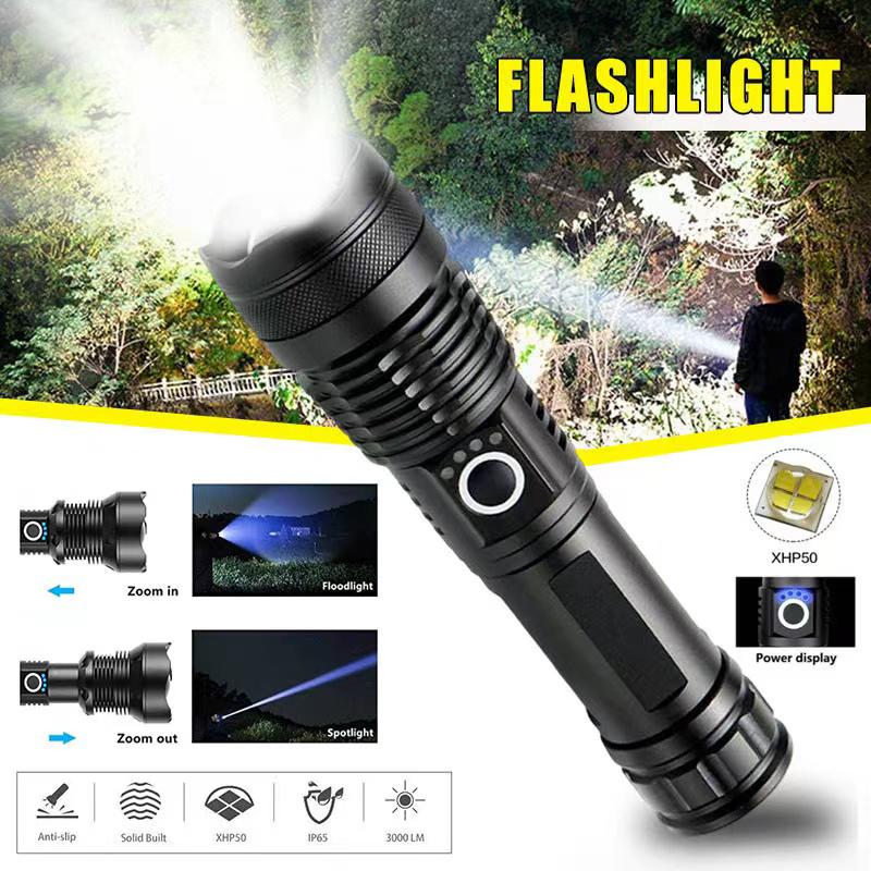 Outdoor Lighting B&Q - ไฟฉาย LED กำลังสูง XHP70 USB-C ไฟฉายแบบชาร์จไฟได้ซูมได้โคมไฟมือกันน้ำสำหรับการตั้งแคมป์กลางแจ้งใช้ในกรณีฉุกเฉิน